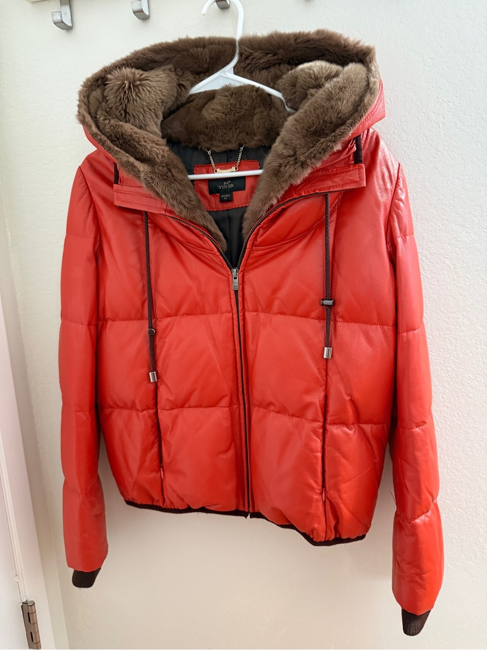 Women’s Orange Puffer Jacket with Faux Fur Trim
